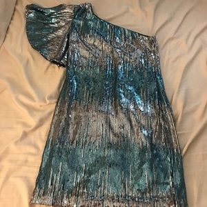 Blue/Silver Sequins One-Shoulder Dress, Size Small